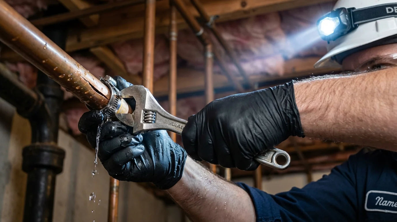 Emergency pipe clamp repair being performed by a Johns Plumbing LLC plumber in Castro Valley