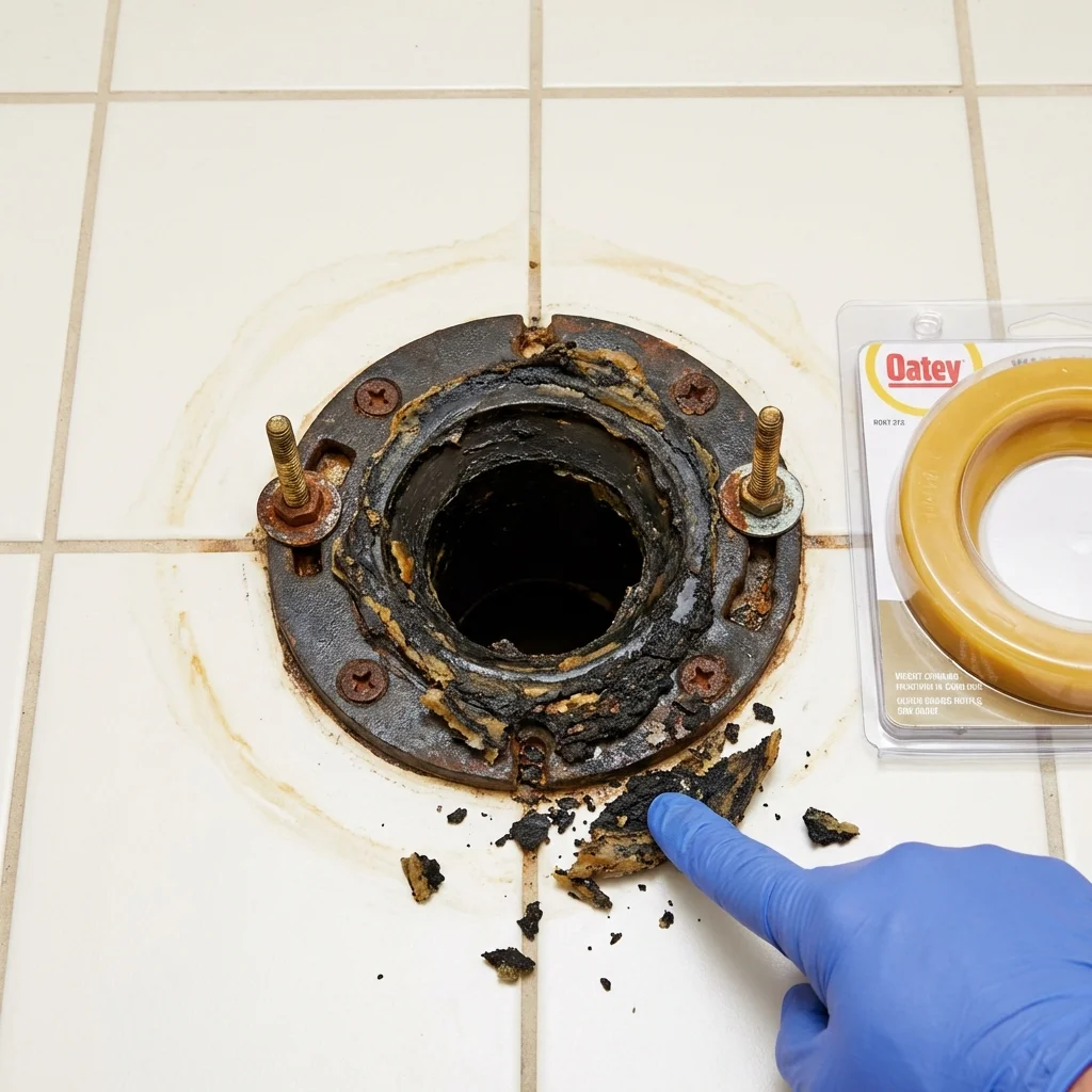 Failed wax ring showing water seepage at the base of a toilet in a Castro Valley, CA home