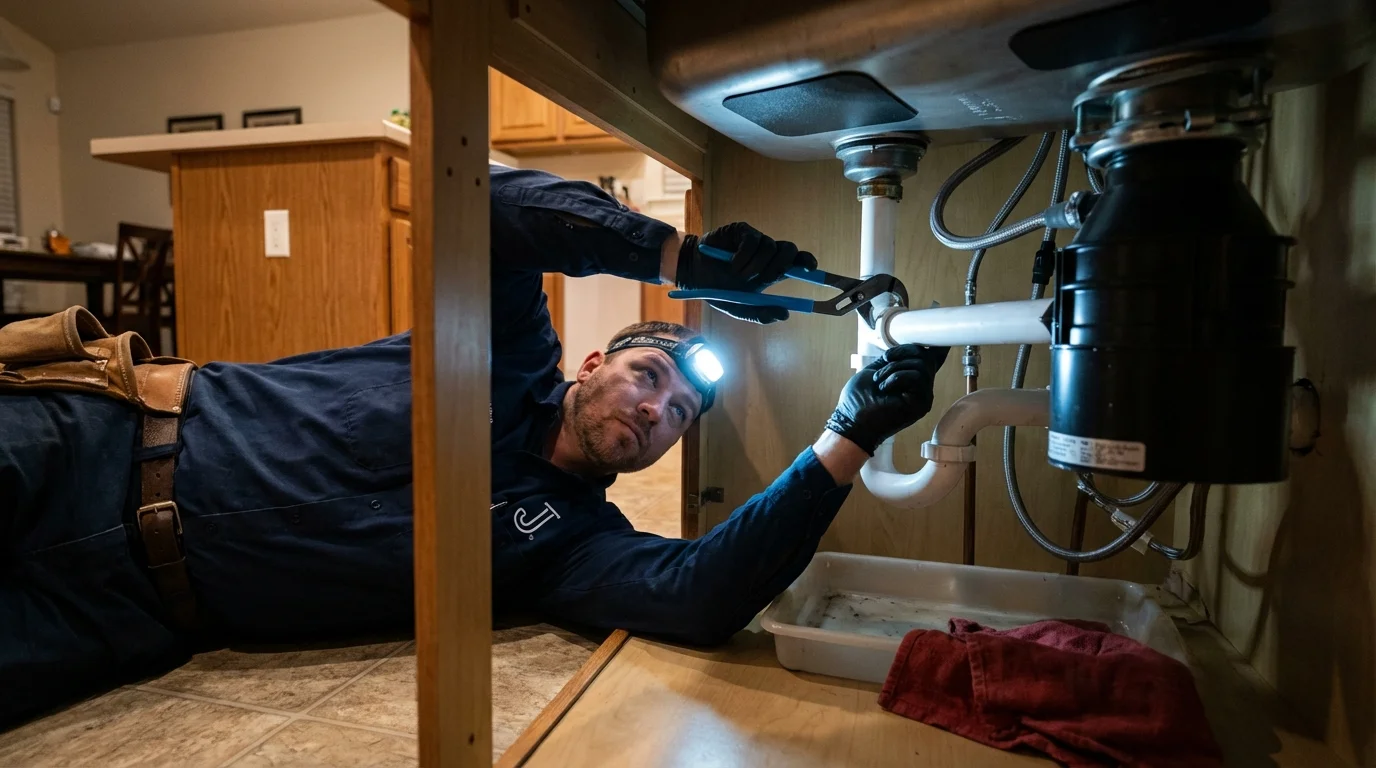 P-trap and supply line connections under a kitchen sink showing a common leak point in Castro Valley, CA